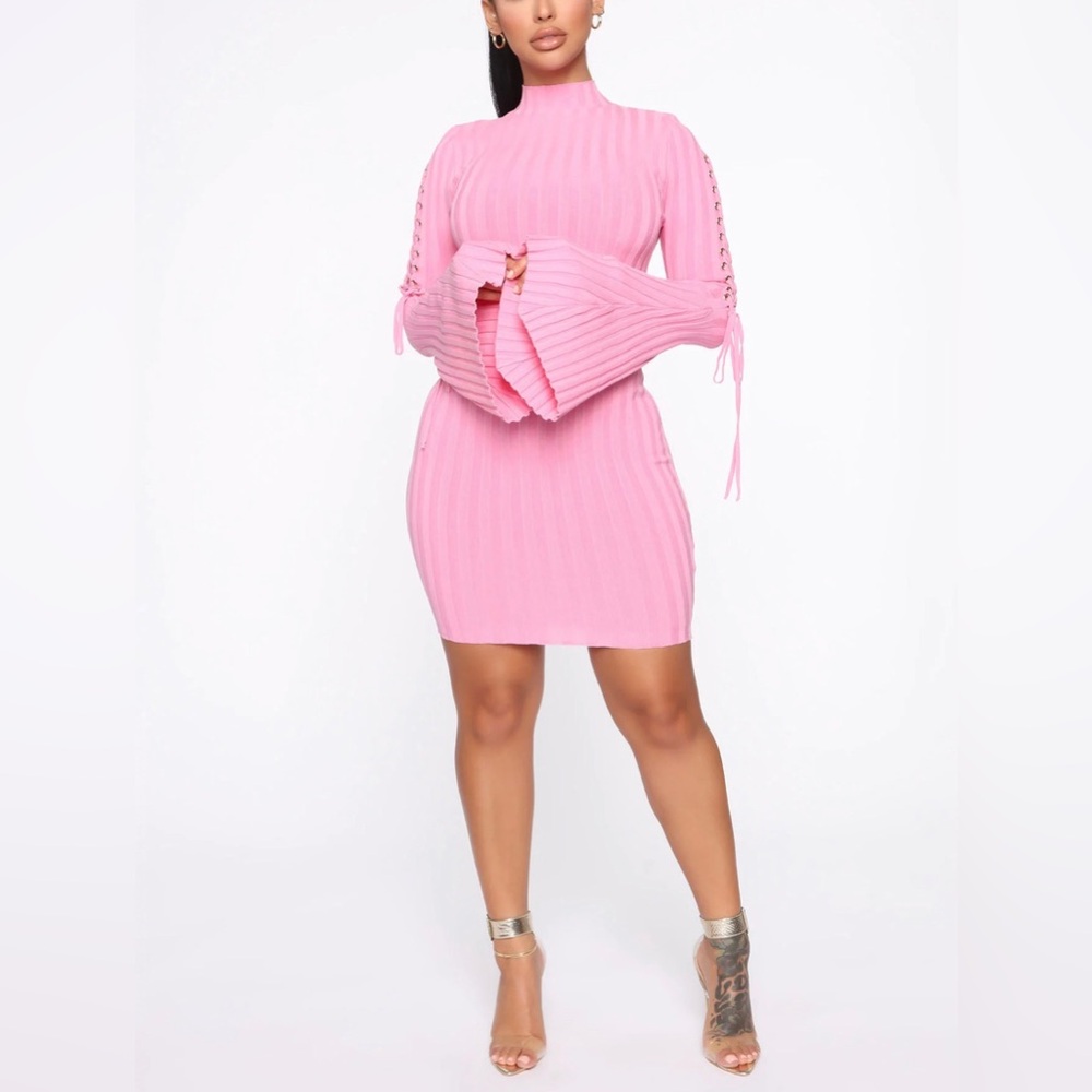 Pink Ribbed Knit Sweater Dress - Picture 2 of 12